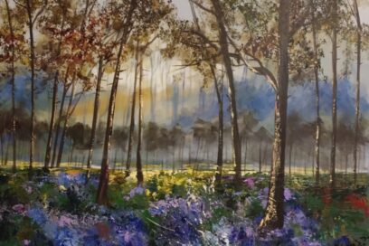 Peinture d'un sous bois avec fleurs et lumière un peu incandescante - Agrandir l'image, fenêtre modale
