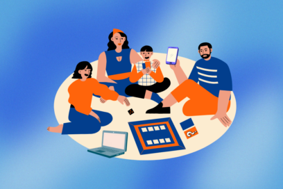 Illustration de famille qui joue à un jeu de société sur fond bleu - Agrandir l'image, fenêtre modale