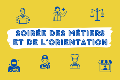 fond jaune avec écrit soirée des métiers et de l'orientation et des icônes représentant des professions