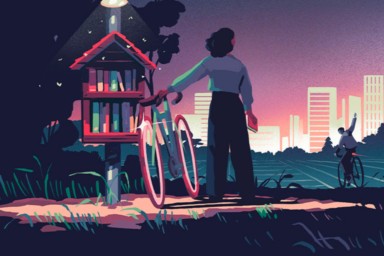 Illustration d'une femme de dos à vélo, arrêtée à côté d'une boite à livres de nuit, un homme à vélo plus loin lui fait signe de la main, il fait nuit, les couleurs sont crépusculaires. Au fond à l'arrière plan, on voit des immeubles en jaune clair qui dessinent l'horizon