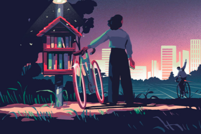 Illustration d'une femme de dos à vélo, arrêtée à côté d'une boite à livres de nuit, un homme à vélo plus loin lui fait signe de la main, il fait nuit, les couleurs sont crépusculaires. Au fond à l'arrière plan, on voit des immeubles en jaune clair qui dessinent l'horizon - Agrandir l'image, fenêtre modale
