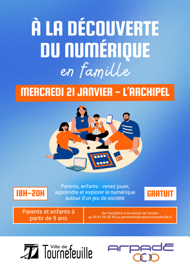 Affiche de l'événement, fond bleu avec illustration de famille qui joue à un jeu de société avec un ordinateur et un téléphone, informations qu'on retrouve dans l'article - Agrandir l'image, fenêtre modale