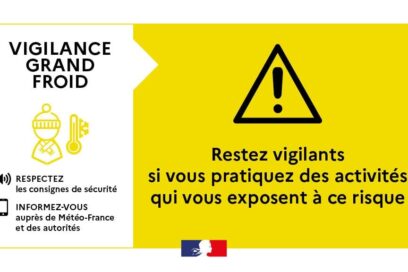 Visuel gouvernemental avec fond jaune et écrit "Vigilance grand froid" "restez vigilant si vous pratiquez des activités qui vous exposent à ce risque) - Agrandir l'image, fenêtre modale