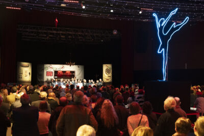 photo de la scène depuis l'arrière de la salle, du monde rassemblé pour écouter le discours du Maire - Agrandir l'image 16 sur 20, fenêtre modale